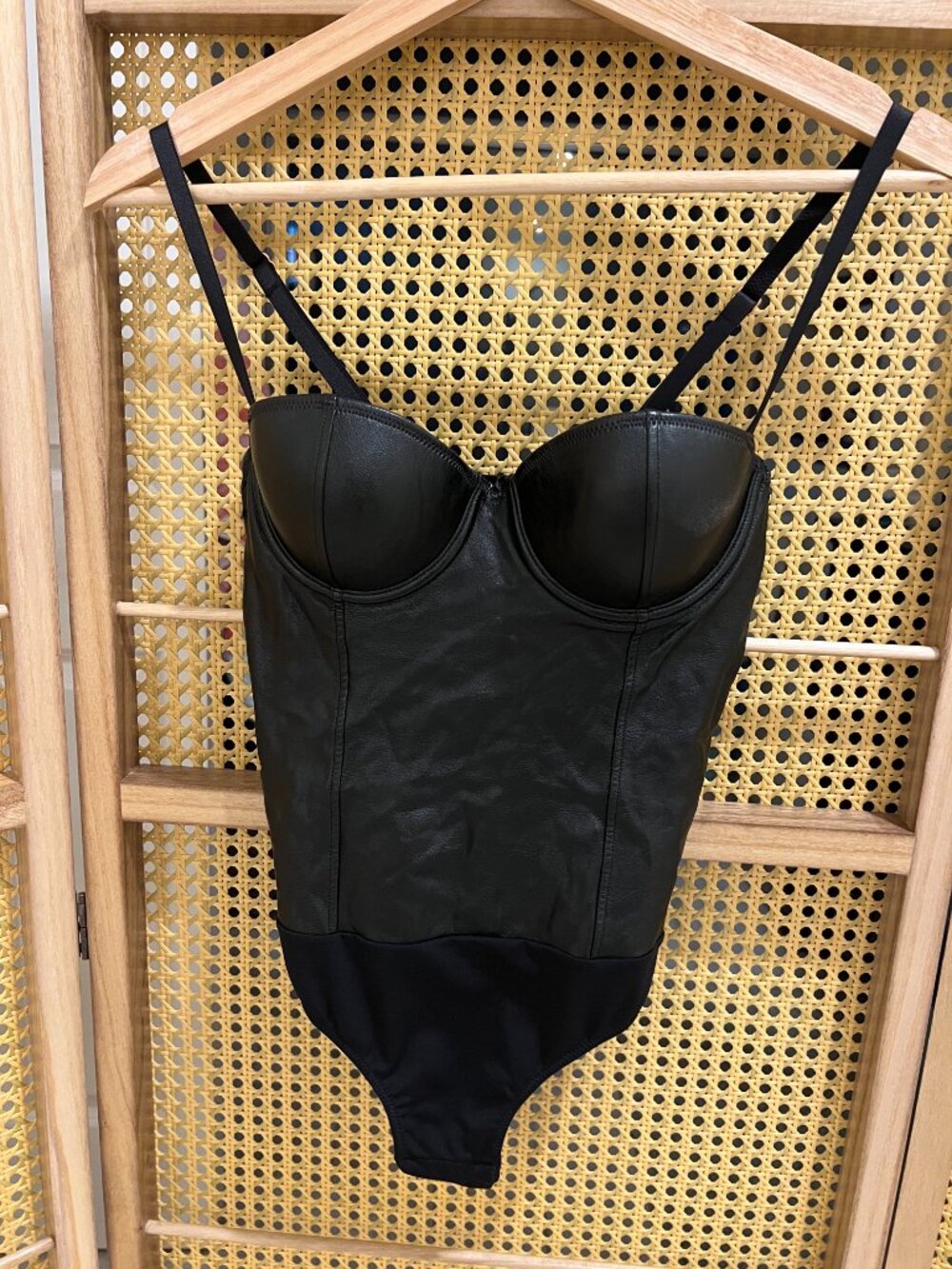 INC Black Faux Leather Bustier Thong Bodysuit Size SMALL